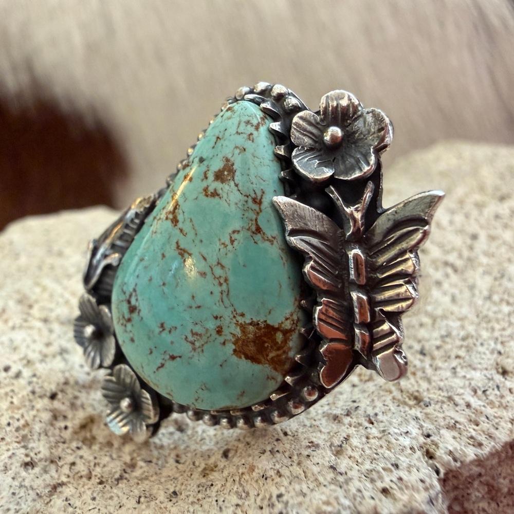 ❤️ Kingman Turquoise Statement Decorative Butterfly Floral Sterling Sz 8.75 Ring - Picture 4 of 15